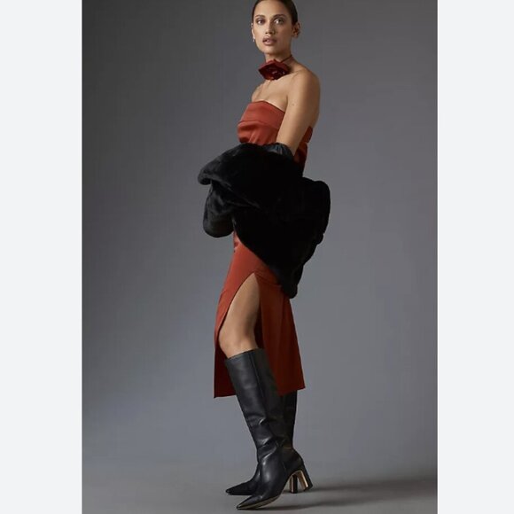 Anthropologie | NWT Strapless Cowl Back Midi Dress Satin Red Rust Size M - Picture 12 of 13